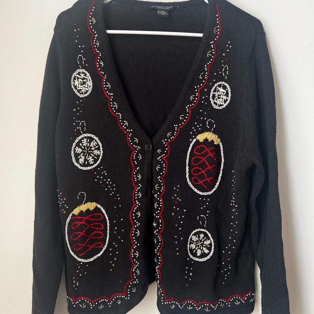 Elegant Black Cardigan with Festive Christmas New Years Accents